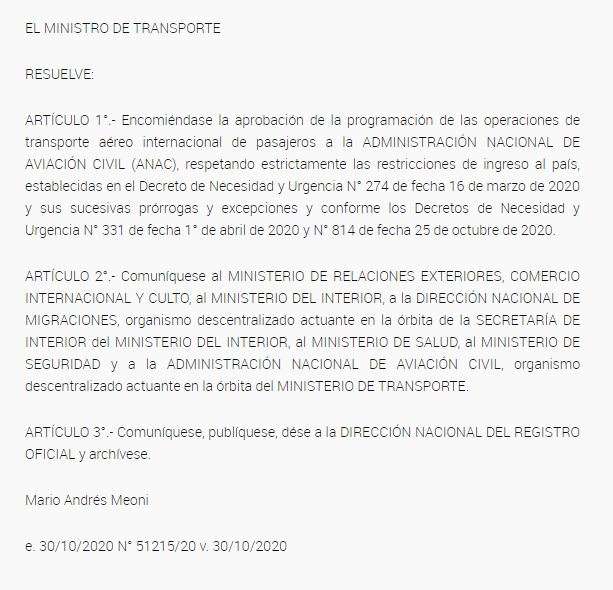 decreto autorizacion vuelos internacionales