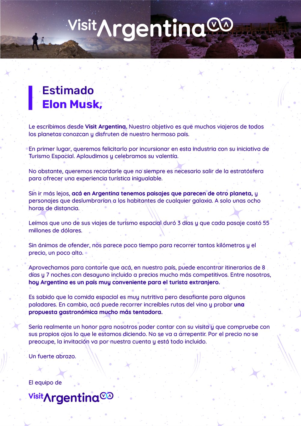 carta visit argentina a Elon